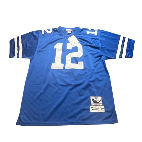Mitchell & Ness 1975 Roger Staubach Dallas Cowboys Jersey Adult Size 54 Blue NWT - Picture 1 of 9